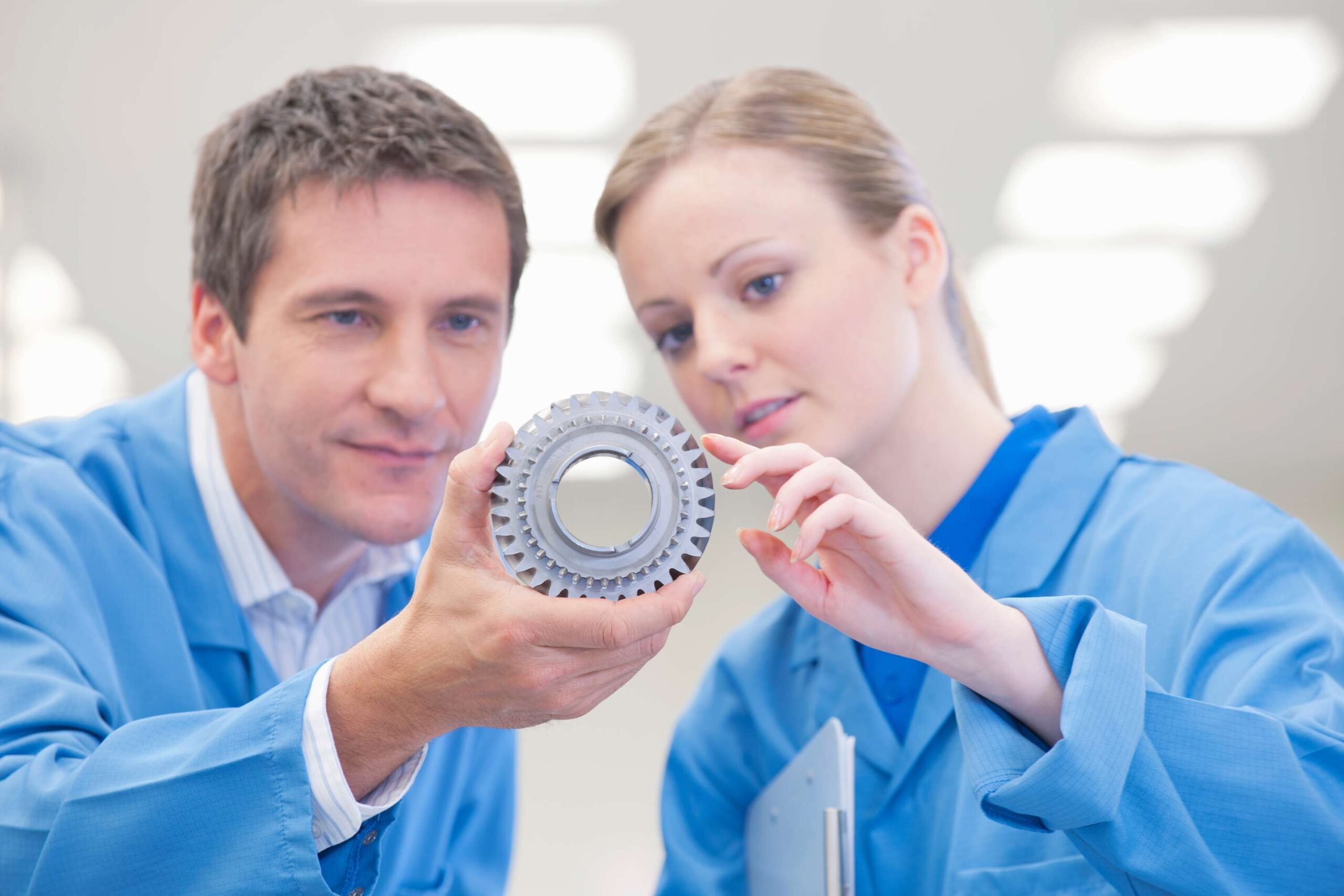 Zwei Personen in blauer Arbeitskleidung analysieren ein technisches Geraet in einem Labor.